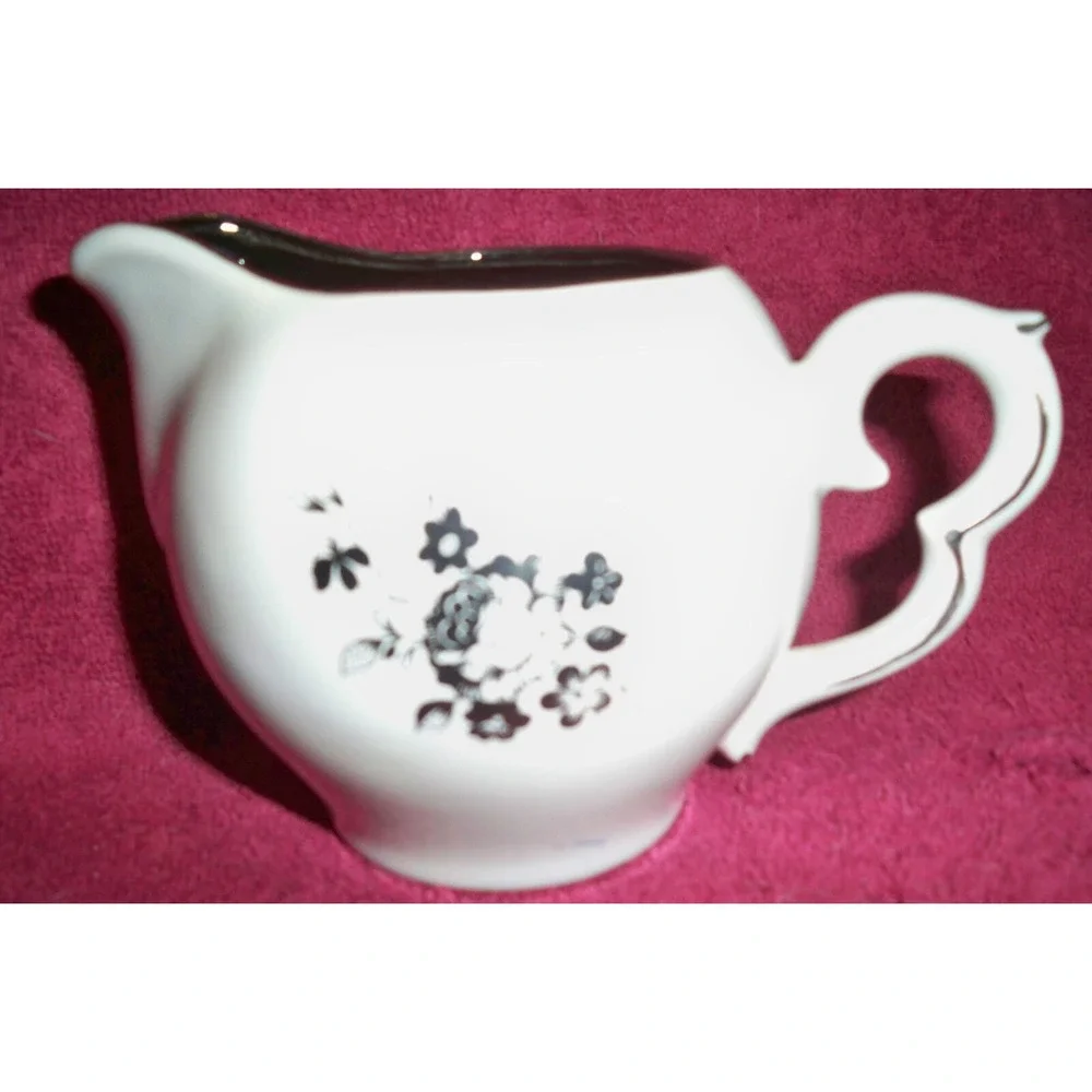 Cream Sugar Set w/Lid White Black inside scalloped handles platinum trim flowers